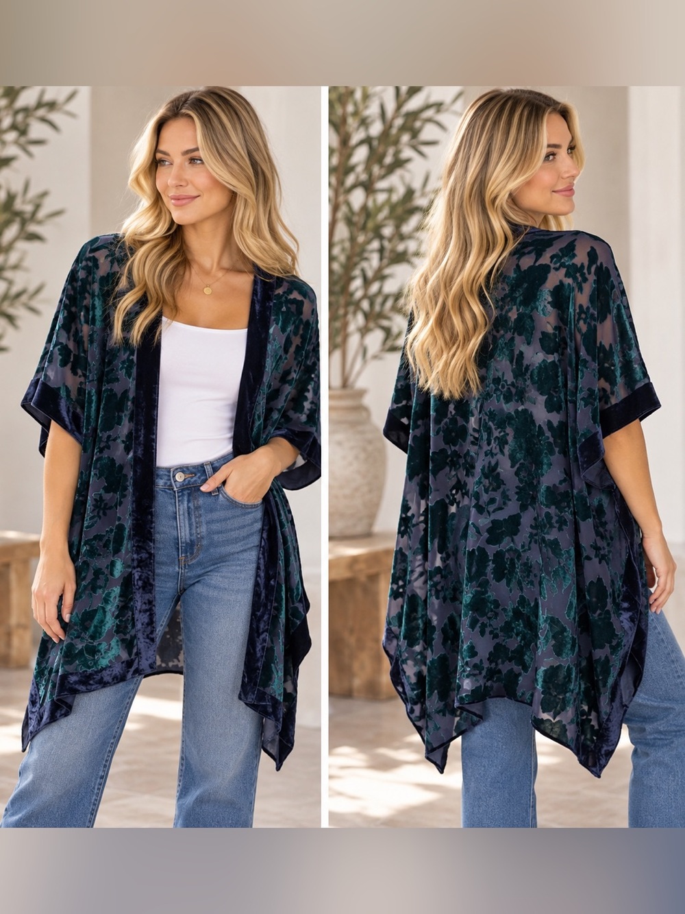 Chicos size S/M Velvet Floral burnout Open Kimono - Navy & Teal